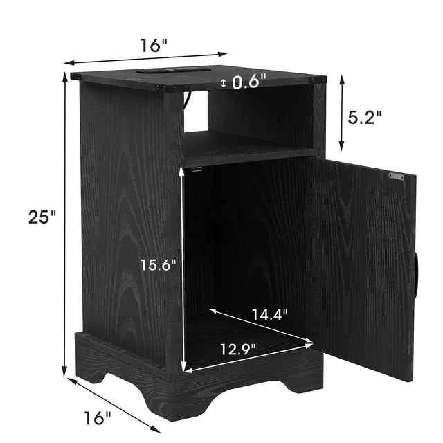 Alt view image 2 of 7 - End Table with Charging Station Set, Night Stand with Storage Cabinet and Shelf Tall Wooden Bedside Table for Living