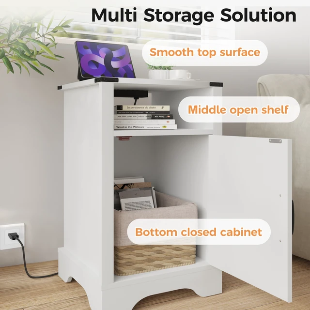 Alt view image 6 of 7 - End Table with Charging Station Set, Night Stand with Storage Cabinet and Shelf Tall Wooden Bedside Table for Living