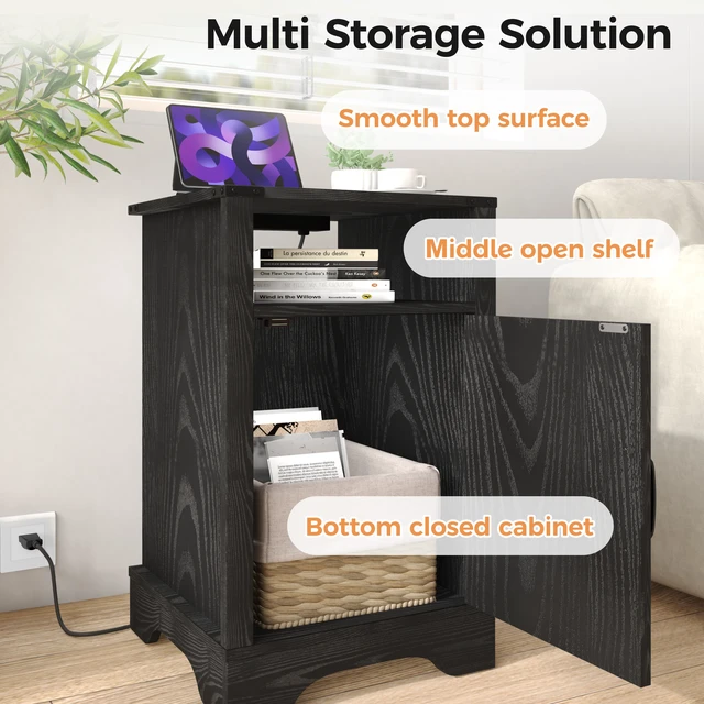 Alt view image 3 of 7 - End Table with Charging Station Set, Night Stand with Storage Cabinet and Shelf Tall Wooden Bedside Table for Living