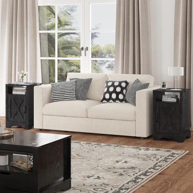 Alt view image 7 of 7 - End Table with Charging Station Set, Night Stand with Storage Cabinet and Shelf Tall Wooden Bedside Table for Living