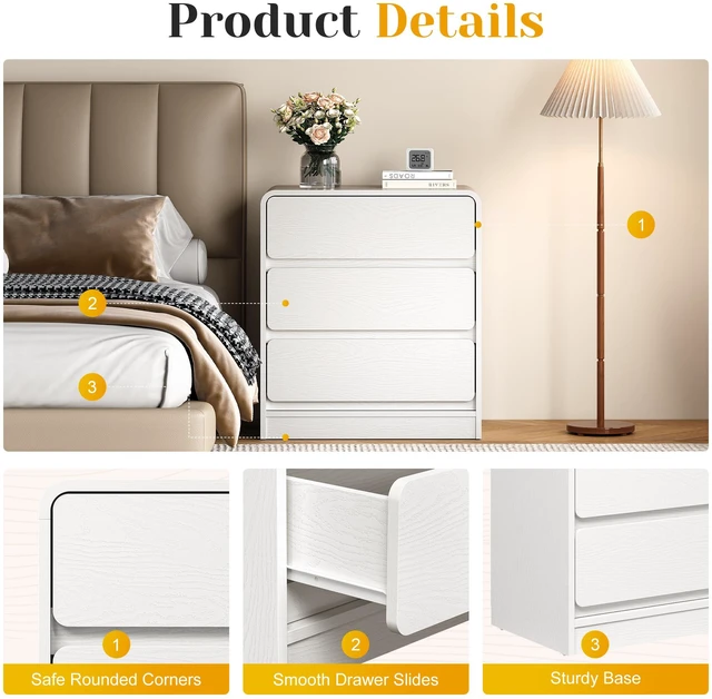Alt view image 4 of 7 - 3 Drawer Nightstand Set, Wooden Night Stand Cabinet for Living Purpose Side Table Easy Assembly Anti Tip Kit Included