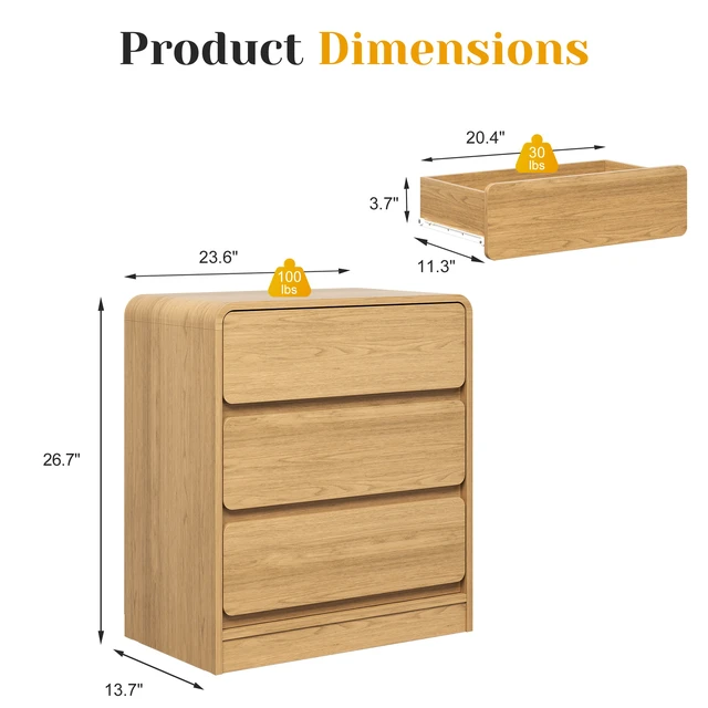 Alt view image 2 of 7 - 3 Drawer Nightstand Set, Wooden Night Stand Cabinet for Living Purpose Side Table Easy Assembly Anti Tip Kit Included