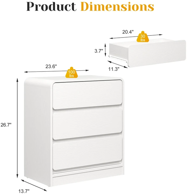 Alt view image 2 of 7 - 3 Drawer Nightstand Set, Wooden Night Stand Cabinet for Living Purpose Side Table Easy Assembly Anti Tip Kit Included
