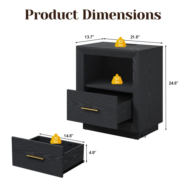 Alt view image 2 of 7 - Nightstand with Charging Station Side Table Tables with Spacious Drawer, Outlets USB Type Storage End for Set, Black