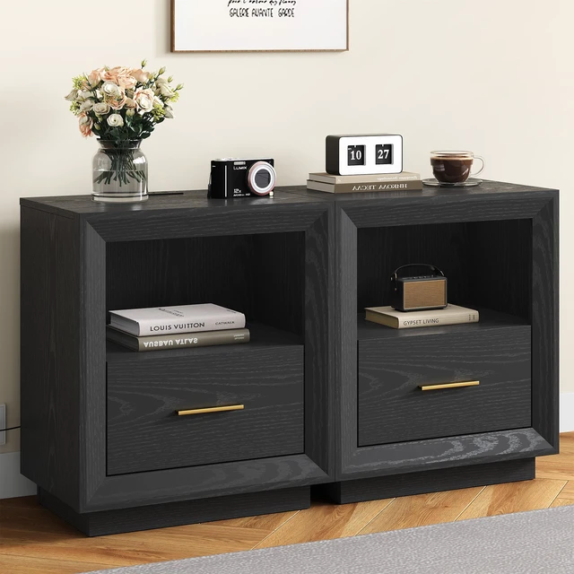 Main image of Nightstand with Charging Station Side Table Tables with Spacious Drawer, Outlets USB Type Storage End for Set, Black