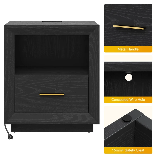 Alt view image 5 of 7 - Nightstand with Charging Station Side Table Tables with Spacious Drawer, Outlets USB Type Storage End for Set, Black