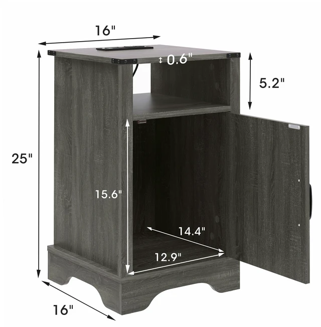 Alt view image 2 of 7 - End Table Set with Charging Station, Dark Gray, Particle Board and MDF, Nightstands