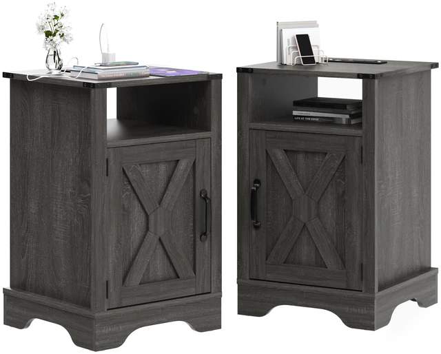 Main image of End Table Set with Charging Station, Dark Gray, Particle Board and MDF, Nightstands