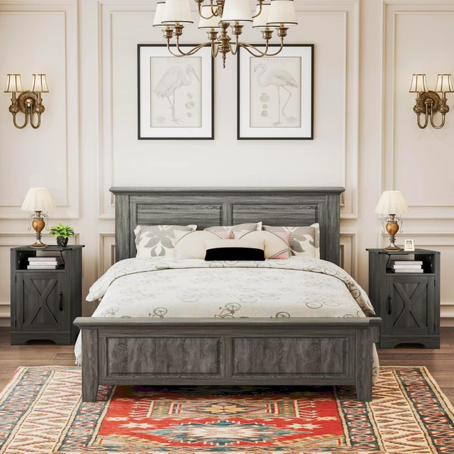 Alt view image 7 of 7 - End Table Set with Charging Station, Dark Gray, Particle Board and MDF, Nightstands