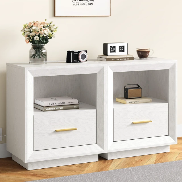 Main image of Nightstand with Charging Station Side Table Tables with Spacious Drawer, Outlets USB Type Storage End for Set, White