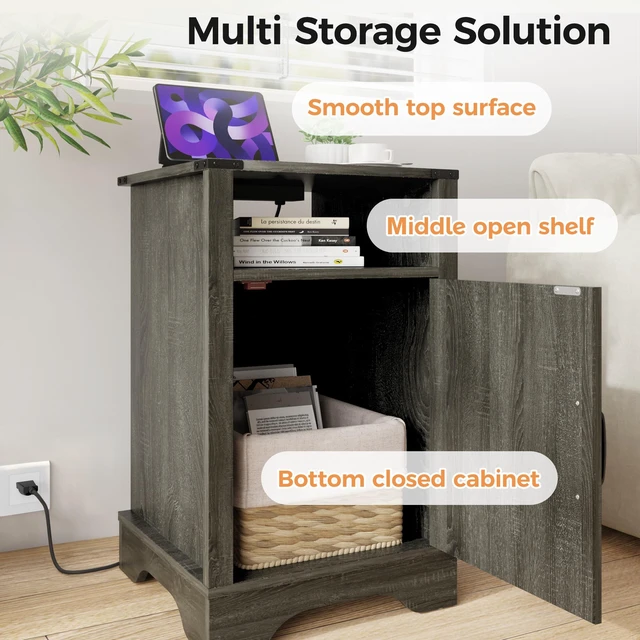 Alt view image 3 of 7 - End Table Set with Charging Station, Dark Gray, Particle Board and MDF, Nightstands