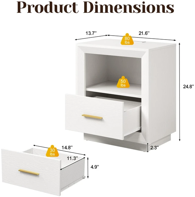 Alt view image 2 of 7 - Nightstand with Charging Station Side Table Tables with Spacious Drawer, Outlets USB Type Storage End for Set, White