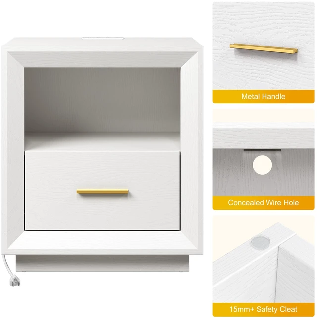Alt view image 4 of 7 - Nightstand with Charging Station Side Table Tables with Spacious Drawer, Outlets USB Type Storage End for Set, White