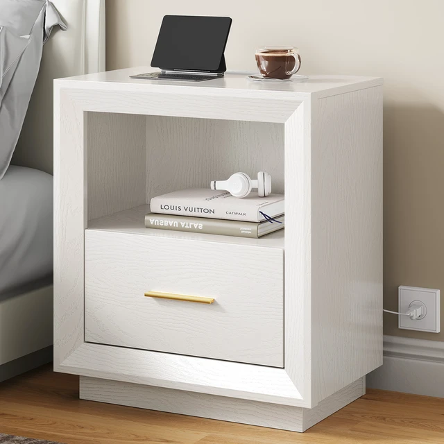 Alt view image 7 of 7 - Nightstand with Charging Station Side Table Tables with Spacious Drawer, Outlets USB Type Storage End for Set, White