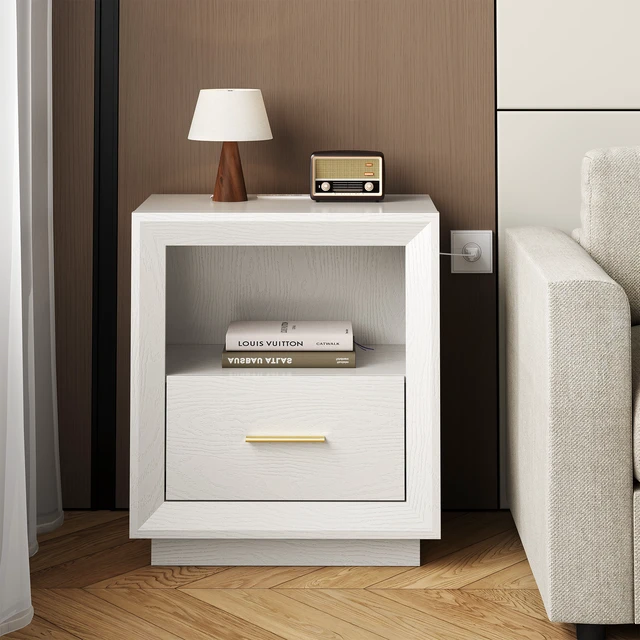 Alt view image 6 of 7 - Nightstand with Charging Station Side Table Tables with Spacious Drawer, Outlets USB Type Storage End for Set, White