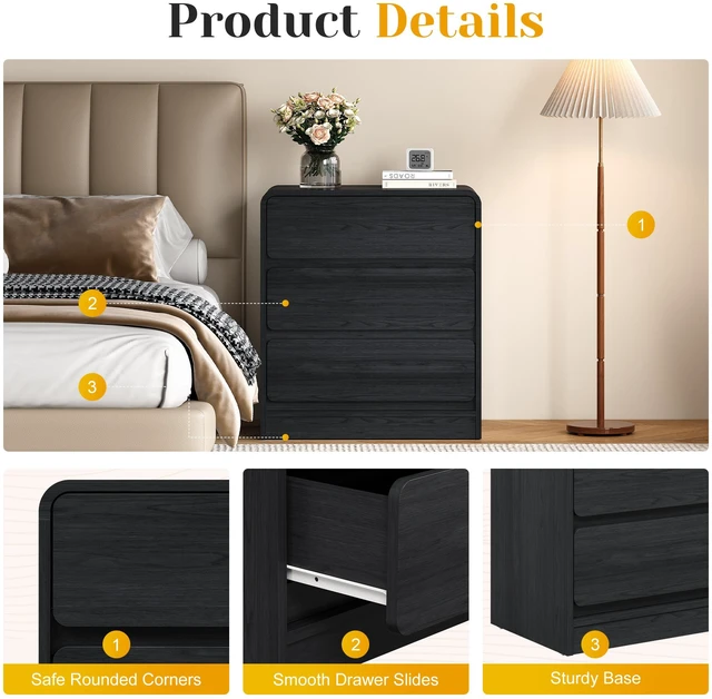 Alt view image 4 of 7 - 3 Drawer Nightstand Set, Wooden Night Stand Cabinet for Living Purpose Side Table Easy Assembly Anti Tip Kit Included