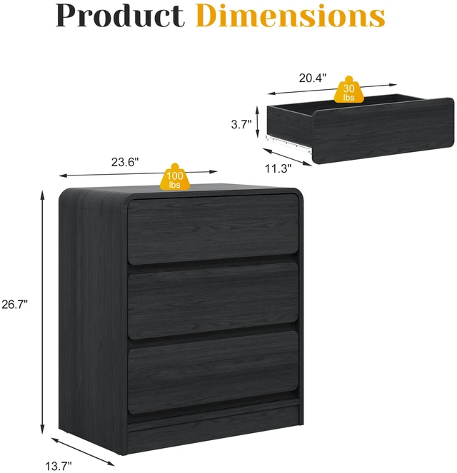 Alt view image 2 of 7 - 3 Drawer Nightstand Set, Wooden Night Stand Cabinet for Living Purpose Side Table Easy Assembly Anti Tip Kit Included