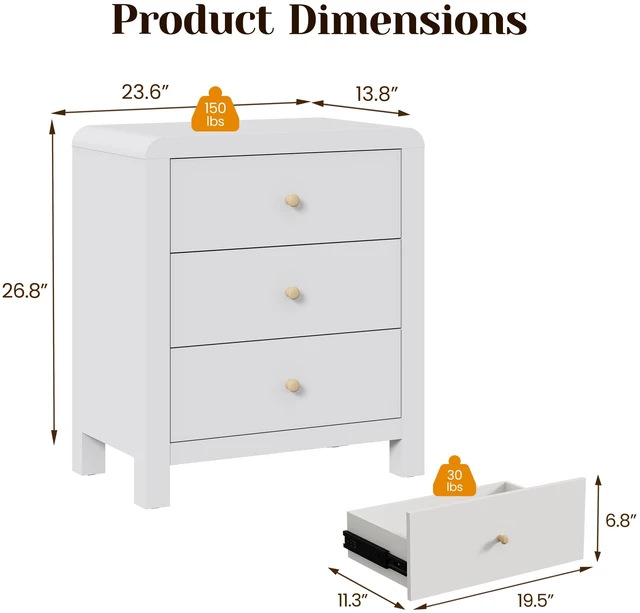 Alt view image 2 of 7 - 3 Drawer Dresser with Rounded Table Corners, Chest Drawers Large Nightstand Side Table Storage Dressers Organizer