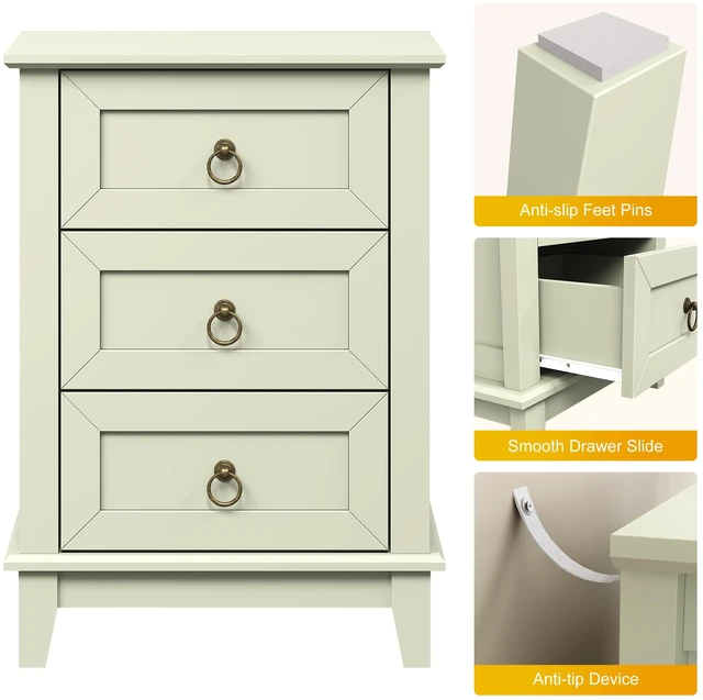 Alt view image 4 of 7 - Nightstand with 3 Drawers, Tall Narrow Bedside Table End Table with Storage for Living, Light Green, Particle Board