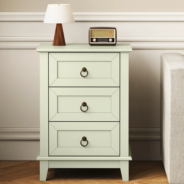Main image of Nightstand with 3 Drawers, Tall Narrow Bedside Table End Table with Storage for Living, Light Green, Particle Board