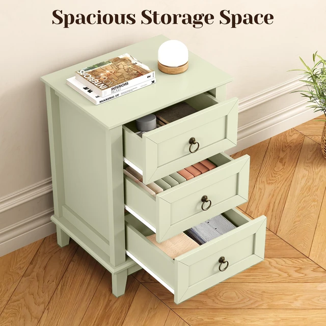 Alt view image 3 of 7 - Nightstand with 3 Drawers, Tall Narrow Bedside Table End Table with Storage for Living, Light Green, Particle Board
