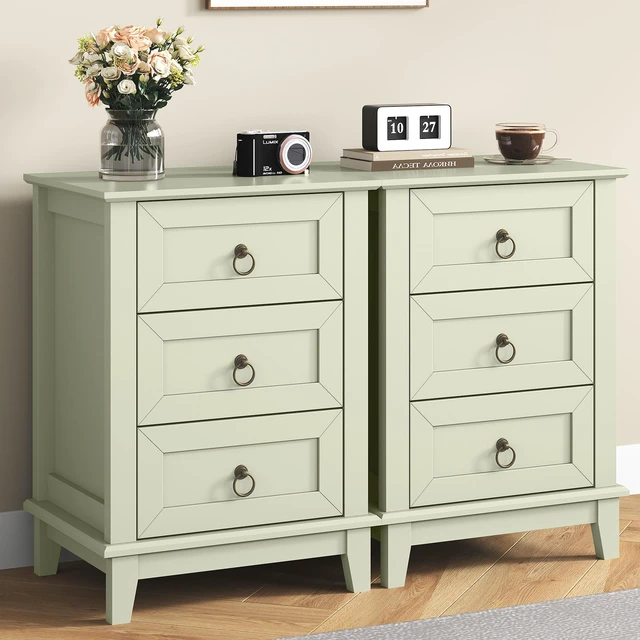 Alt view image 6 of 7 - Nightstand with 3 Drawers, Tall Narrow Bedside Table End Table with Storage for Living, Light Green, Particle Board