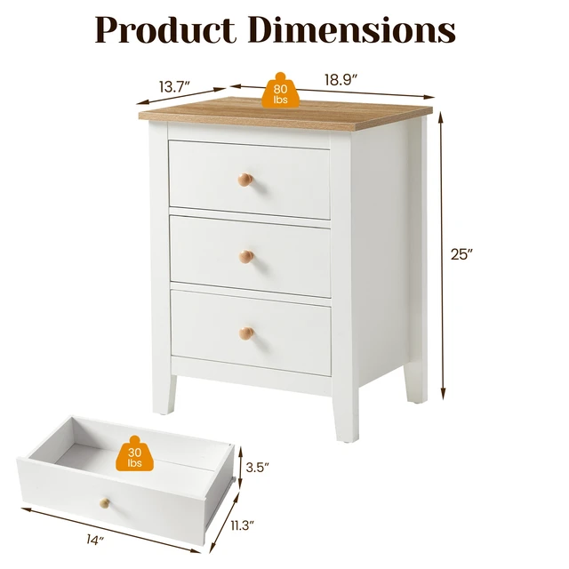 Alt view image 2 of 7 - Nightstand with 3 Drawers, White, Particle Board and MDF