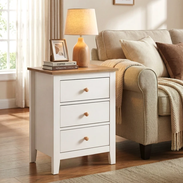 Alt view image 7 of 7 - Nightstand with 3 Drawers, White, Particle Board and MDF