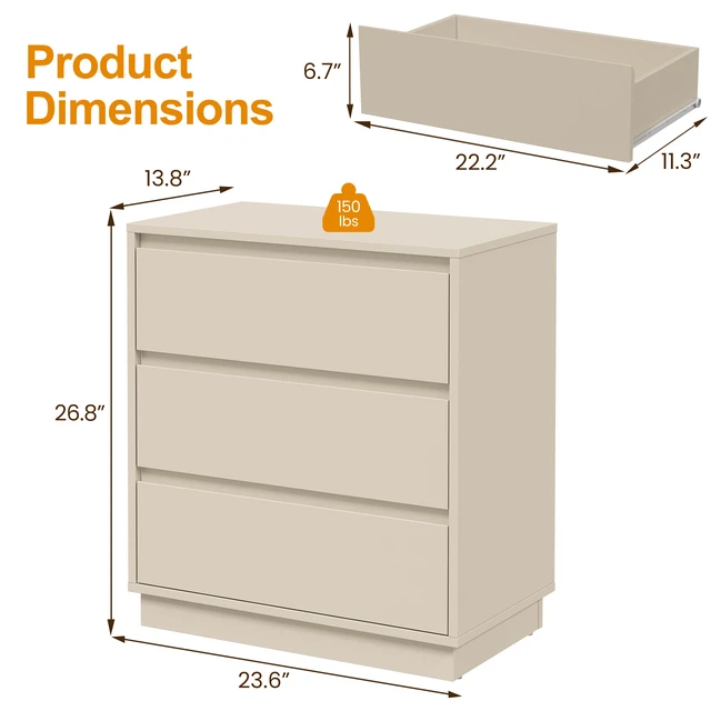 Alt view image 2 of 7 - Large 3 Drawer Dresser, Nightstand for Wide Bedside Table with Hidden Pull-Out System Wooden Chest Drawers for Living