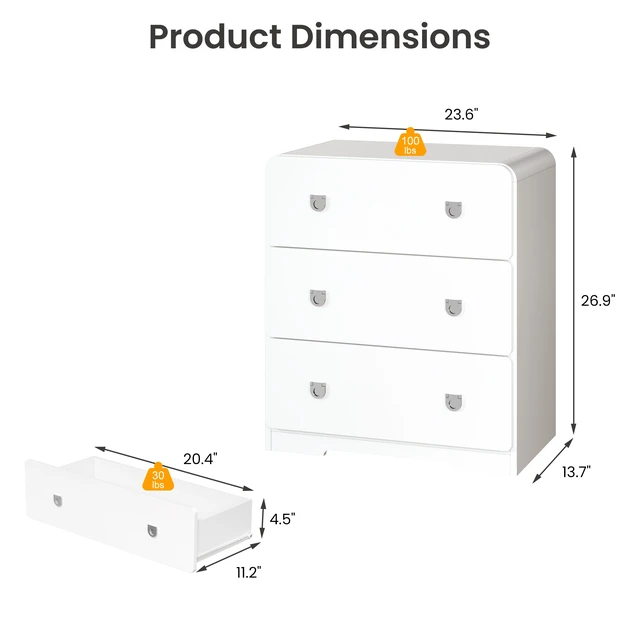 Alt view image 2 of 7 - 3 Drawer Nightstand Painted Bedside Table with U-Shaped Handles for and Entryway, White, MDF