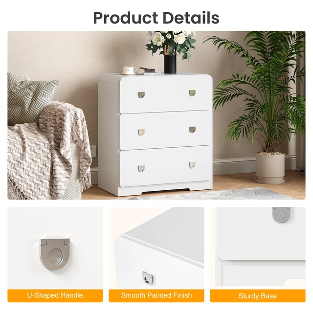 Alt view image 5 of 7 - 3 Drawer Nightstand Painted Bedside Table with U-Shaped Handles for and Entryway, White, MDF