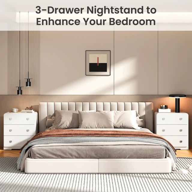 Alt view image 4 of 7 - 3 Drawer Nightstand Painted Bedside Table with U-Shaped Handles for and Entryway, White, MDF