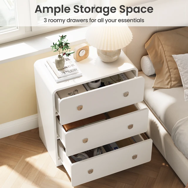 Alt view image 3 of 7 - 3 Drawer Nightstand Painted Bedside Table with U-Shaped Handles for and Entryway, White, MDF