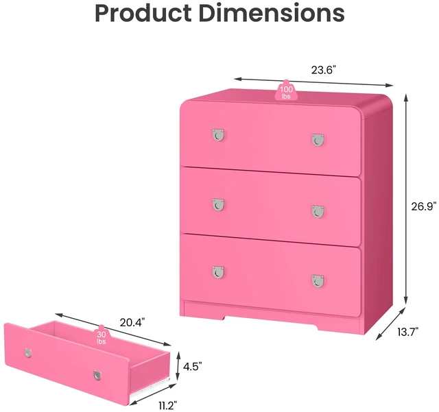 Alt view image 2 of 7 - 3 Drawer Nightstand Painted Bedside Table with U-Shaped Handles for and Entryway, Pink, MDF