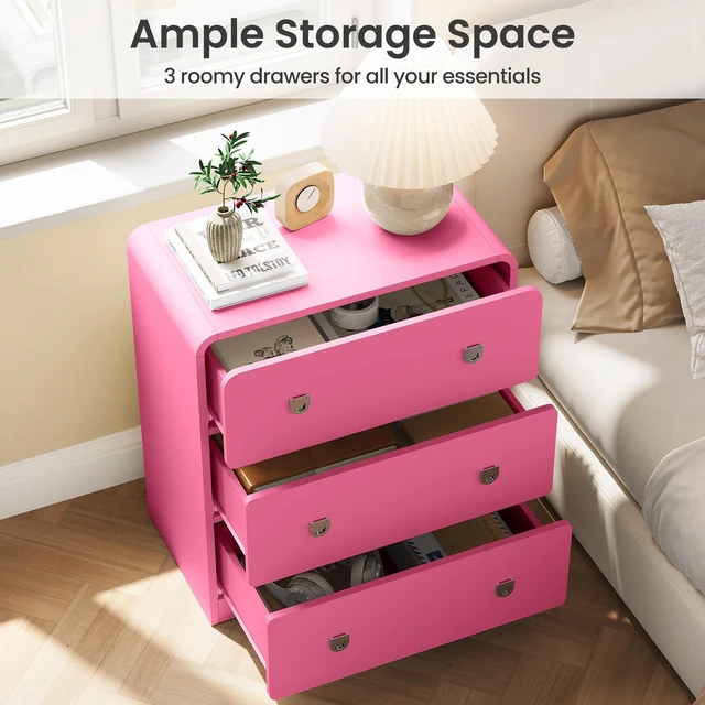 Alt view image 5 of 7 - 3 Drawer Nightstand Painted Bedside Table with U-Shaped Handles for and Entryway, Pink, MDF