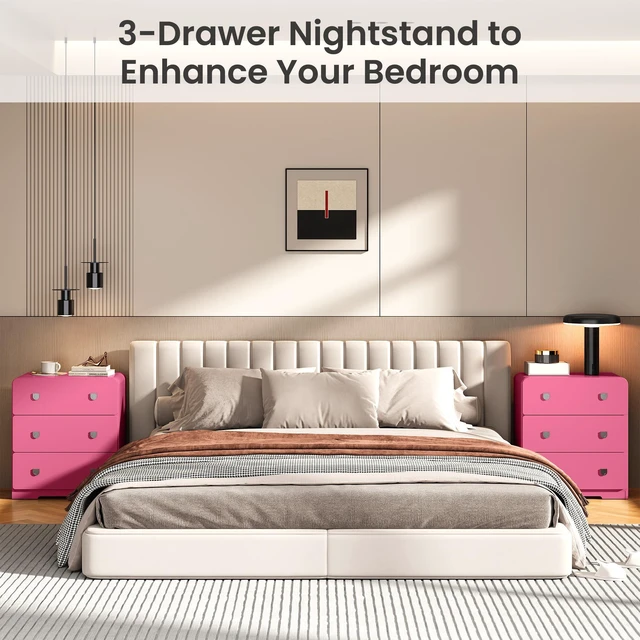 Alt view image 4 of 7 - 3 Drawer Nightstand Painted Bedside Table with U-Shaped Handles for and Entryway, Pink, MDF