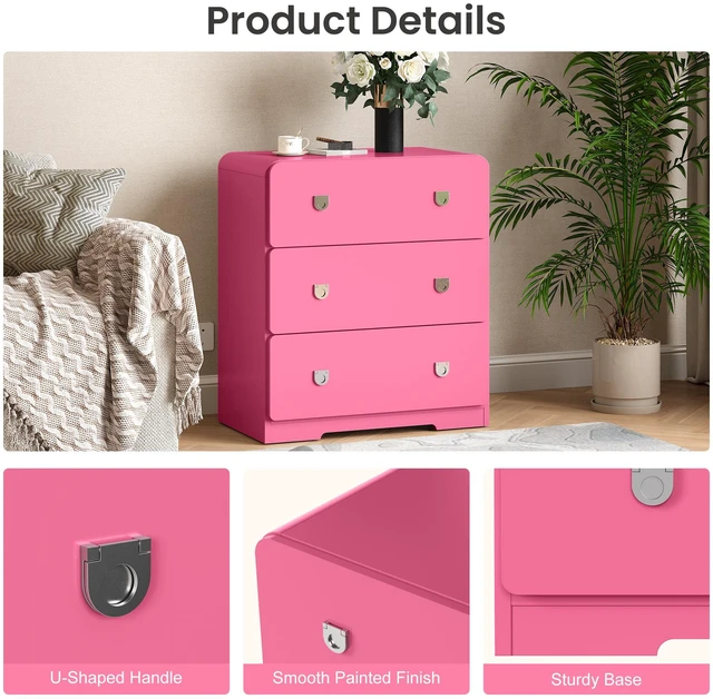 Alt view image 3 of 7 - 3 Drawer Nightstand Painted Bedside Table with U-Shaped Handles for and Entryway, Pink, MDF