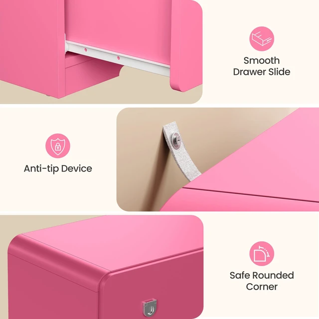 Alt view image 7 of 7 - 3 Drawer Nightstand Painted Bedside Table with U-Shaped Handles for and Entryway, Pink, MDF