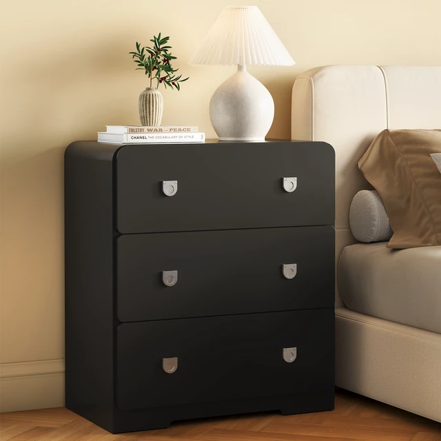 Alt view image 2 of 7 - 3 Drawer Nightstand Painted Bedside Table with U-Shaped Handles for and Entryway, Black, MDF