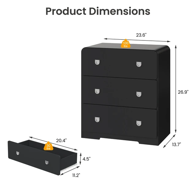 Alt view image 3 of 7 - 3 Drawer Nightstand Painted Bedside Table with U-Shaped Handles for and Entryway, Black, MDF