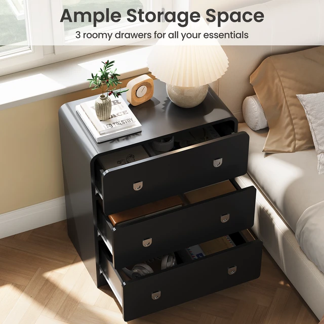 Alt view image 5 of 7 - 3 Drawer Nightstand Painted Bedside Table with U-Shaped Handles for and Entryway, Black, MDF