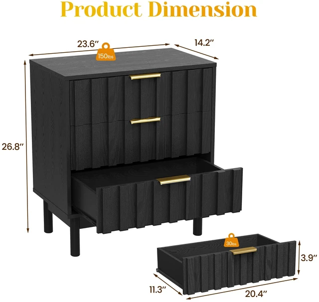 Alt view image 2 of 7 - 3 Drawer Dresser with Fluted Panel Design, Chest Drawers with Edge Pull Large Nightstand Side Table Storage Organizer