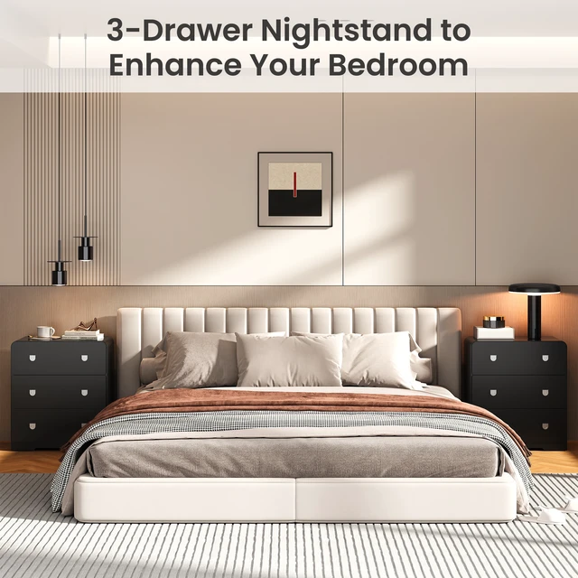 Alt view image 6 of 7 - 3 Drawer Nightstand Painted Bedside Table with U-Shaped Handles for and Entryway, Black, MDF