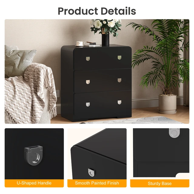 Alt view image 4 of 7 - 3 Drawer Nightstand Painted Bedside Table with U-Shaped Handles for and Entryway, Black, MDF