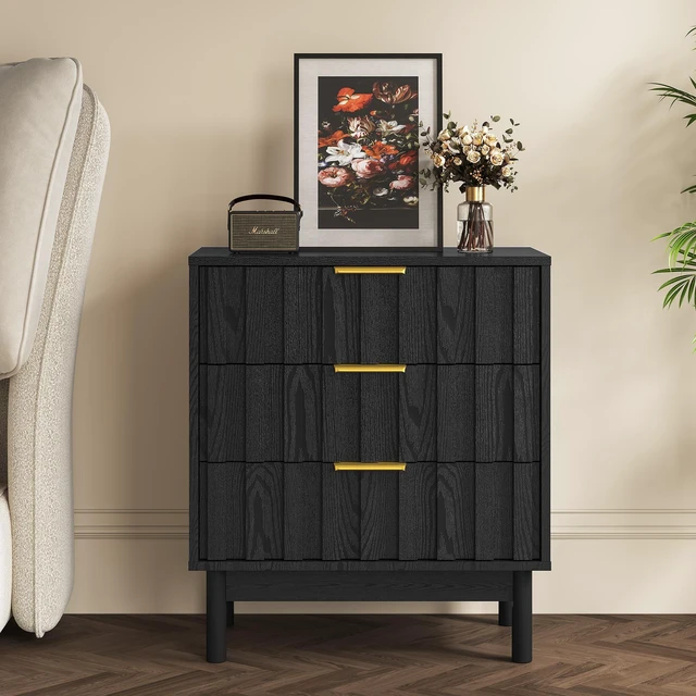 Main image of 3 Drawer Dresser with Fluted Panel Design, Chest Drawers with Edge Pull Large Nightstand Side Table Storage Organizer