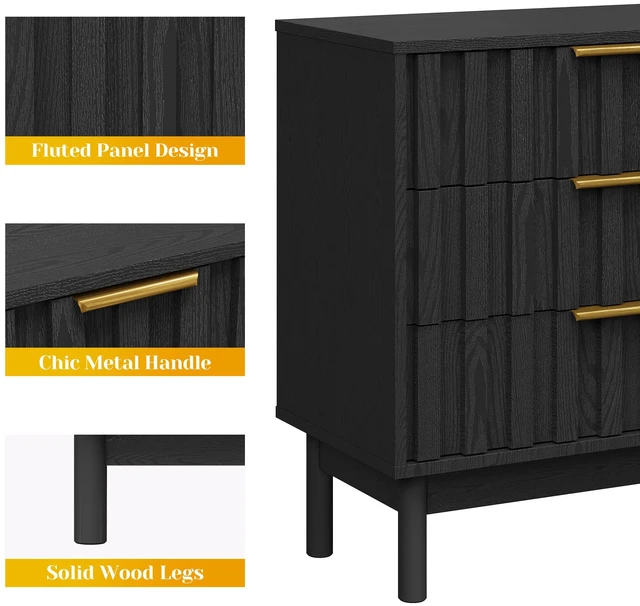 Alt view image 4 of 7 - 3 Drawer Dresser with Fluted Panel Design, Chest Drawers with Edge Pull Large Nightstand Side Table Storage Organizer