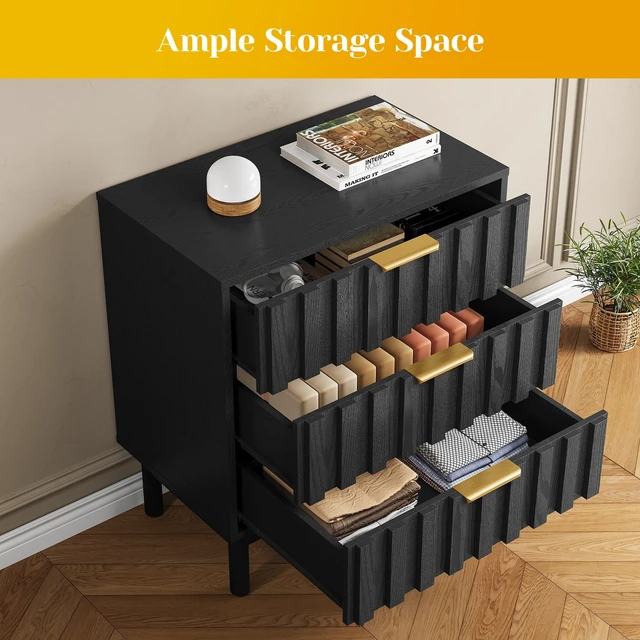 Alt view image 3 of 7 - 3 Drawer Dresser with Fluted Panel Design, Chest Drawers with Edge Pull Large Nightstand Side Table Storage Organizer