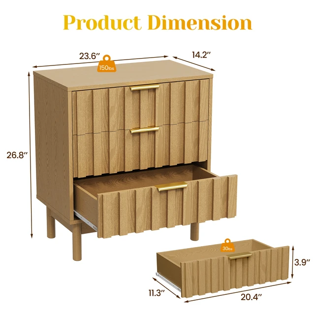 Alt view image 2 of 7 - 3 Drawer Dresser with Fluted Panel Design, Chest Drawers with Edge Pull Large Nightstand Side Table Storage Organizer