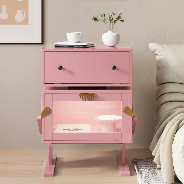 Main image of Nightstand with LED Strips, End Table with 360° Rotating Drawer Bedside Table with Glass Door Storage Night Stand