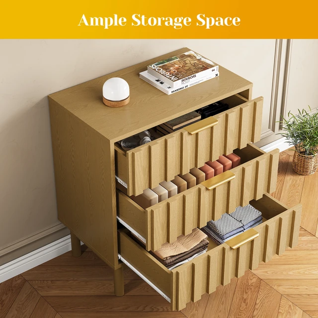 Alt view image 3 of 7 - 3 Drawer Dresser with Fluted Panel Design, Chest Drawers with Edge Pull Large Nightstand Side Table Storage Organizer